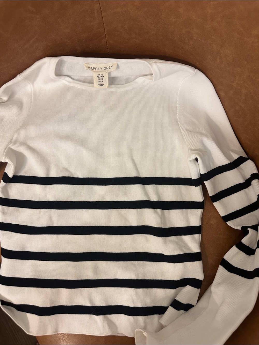 Happily Grey White Crewneck Sweater with Navy Stripes